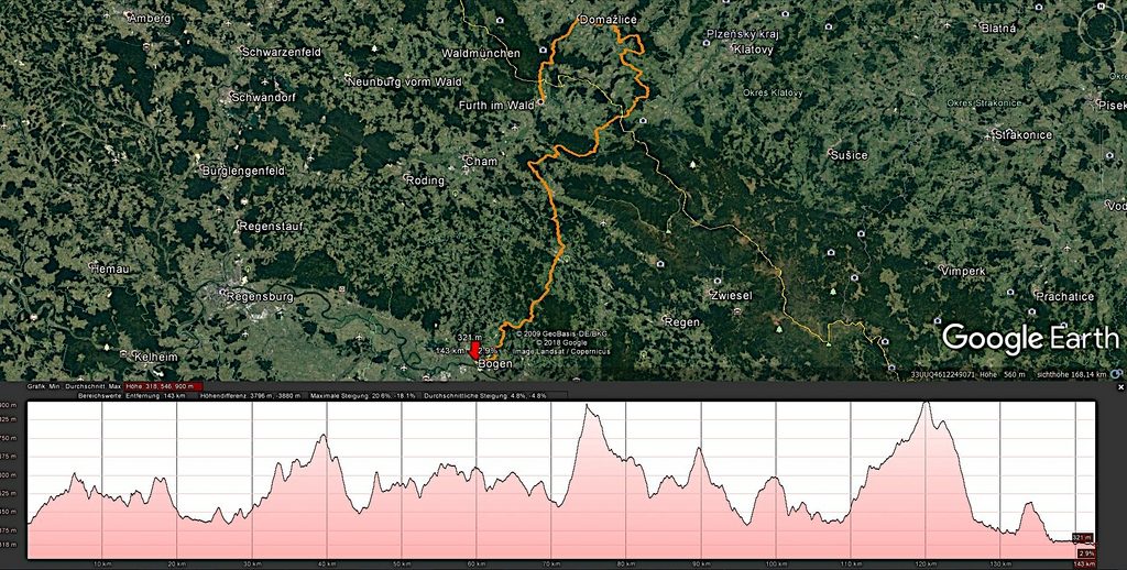 Tourverlauf und Höhenprofil des Baierweg im Bayerischer Wald