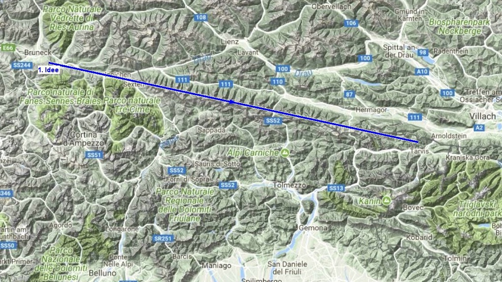 Eine Luftlinie in der Landkarte als erste Idee einer Tourplanung.
