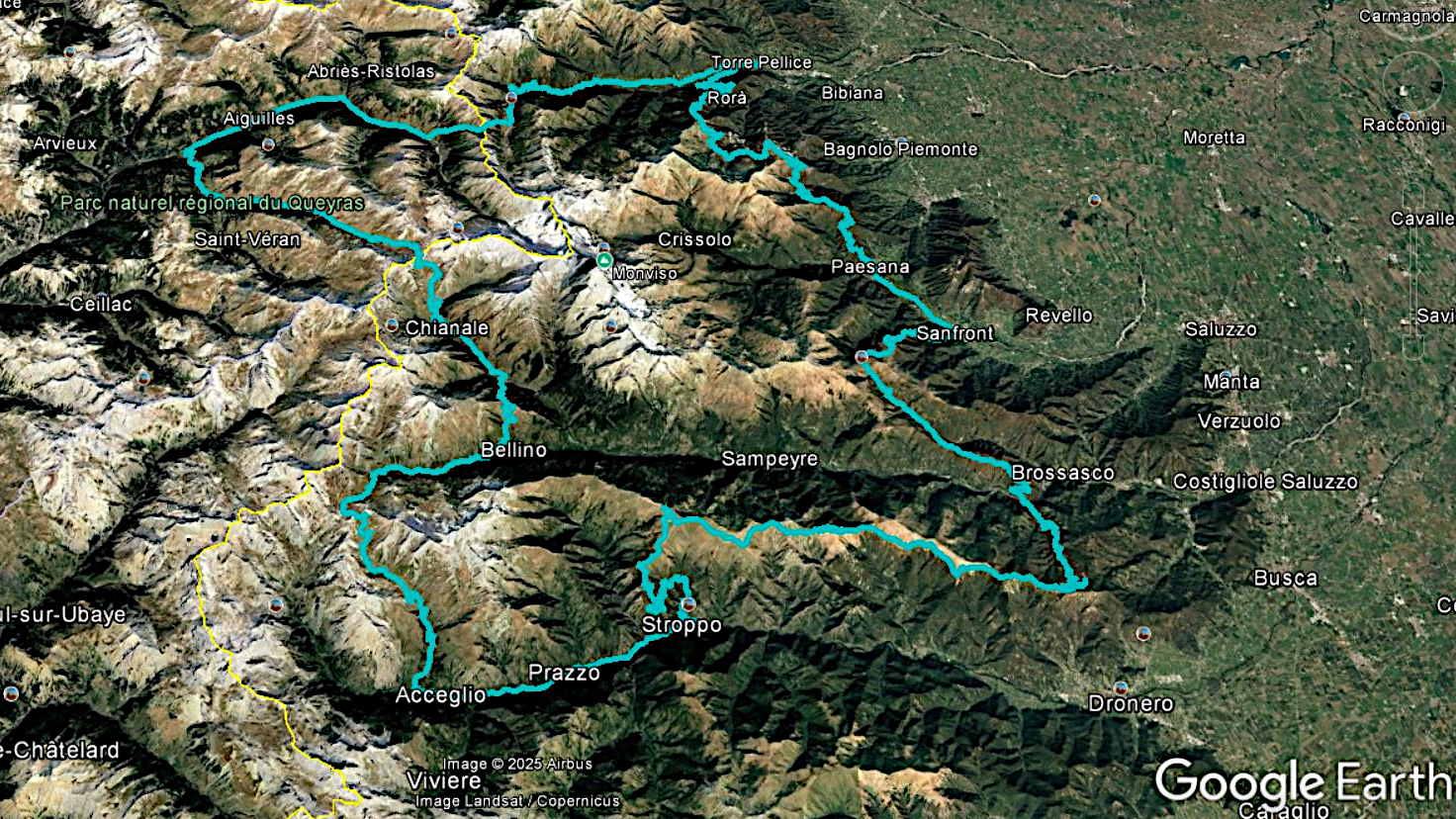 Übersichtskarte der Giro di Monviso Mountainbike-Route mit GPS-Track in den Cottischen Alpen.